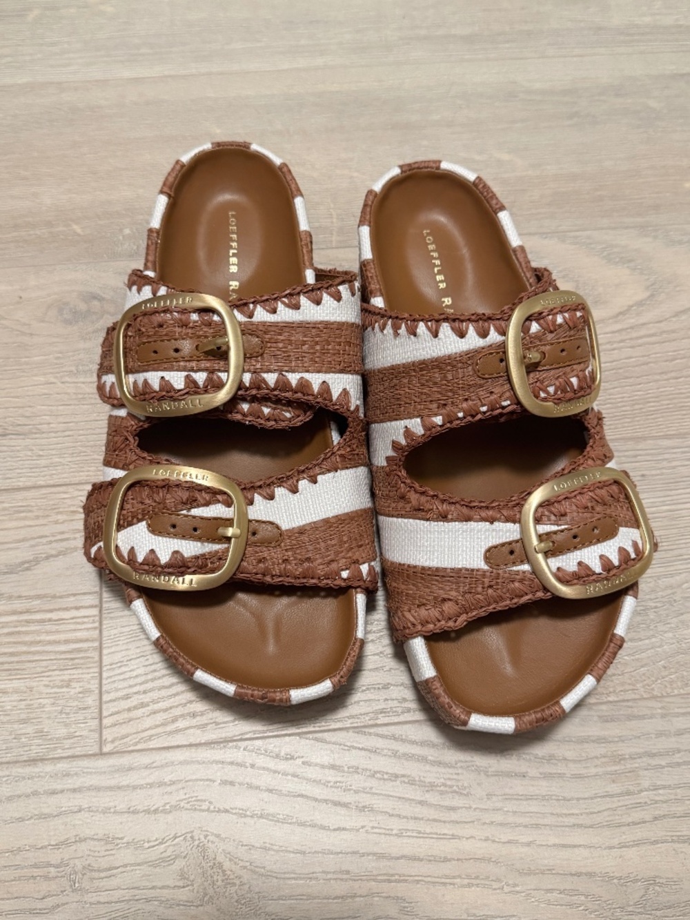 Loeffler Randall two-band brown and white stripe sandal size 7